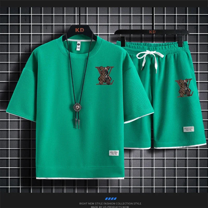 Summer new men's short-sleeved set, a fashionable outdoor casual men's short-sleeved T-shirt and sports shorts 2-piece set
