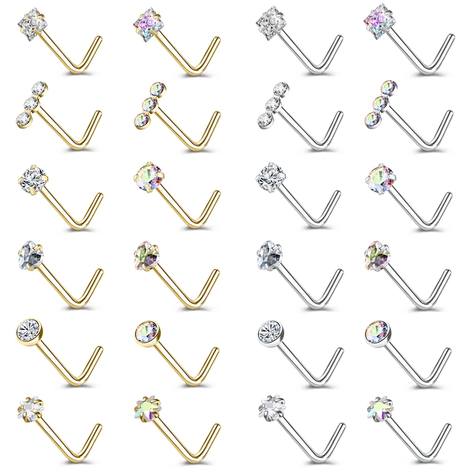 ZS 3-4Pcs/lot Gold Color Stainless Steel Nose Stud Set Heart Star Round Crystal Nose Piercing L Shape Nostril Piercing 18g/20g