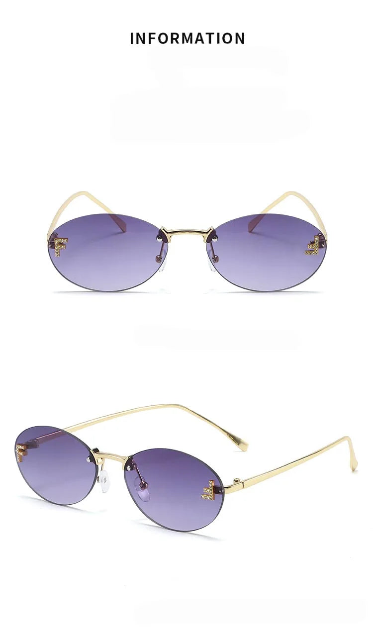 Fashion Oval Frameless Sunglasses Women Sparkling Rhinestone F Design Luxury Sun Glasses Girls shopping travelling eyeglasses