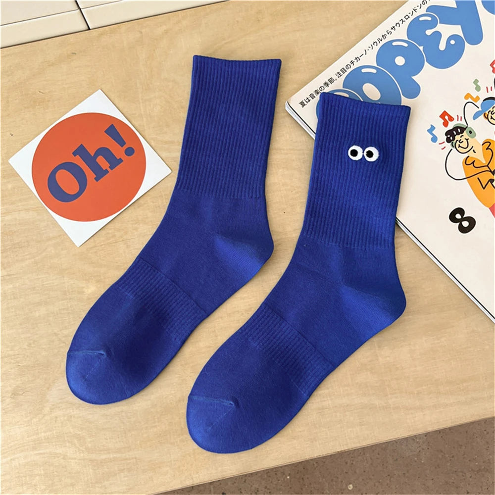 New Women's Embroidered Big Eyes Mid-Tube Socks Ins Trendy Colorful Cartoon Cute Soft Cotton Sports Sokken Dropship