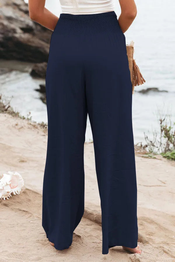 Women's casual pants with drawstring, mid waist, beach wide leg, spring and summer, European and American pants