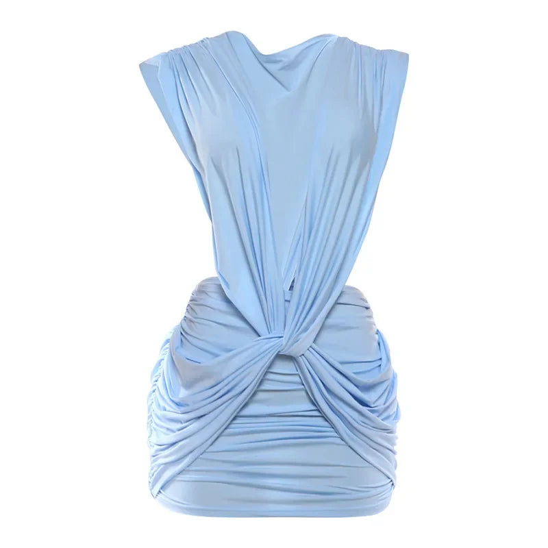 Sexy Blue Hollow-out Pleated Mini Dress Women Deep V-neck Sleeveless Backless Bodycon Vestidos 2026 New Lady Vacation Party Gown