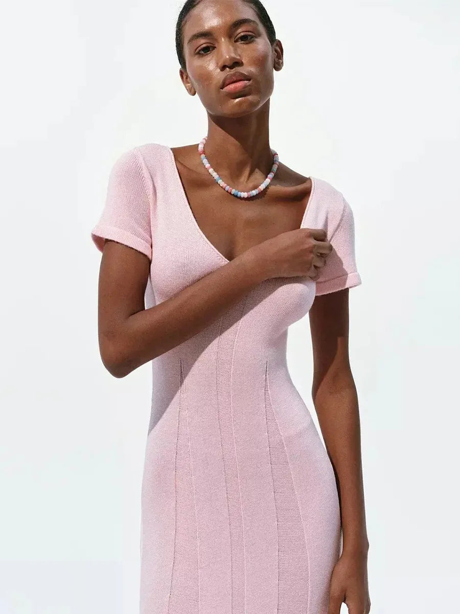 Ribbed Knit Maxi Dress for Women Deep V Neck High Slit Patchwork Party Dress