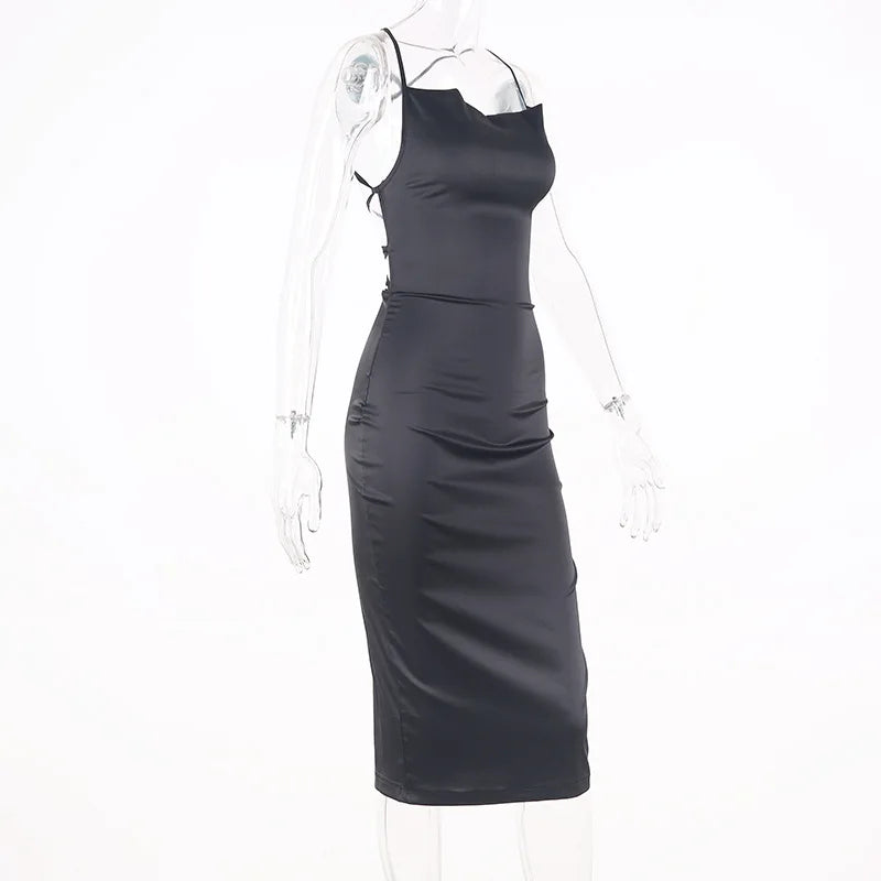 Neon Satin Lace Up Womens Light Pink Midi Dress Backless Bodycon Party Clubwear