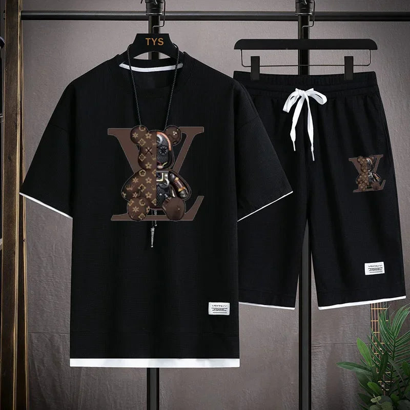 Summer new men's short-sleeved set, a fashionable outdoor casual men's short-sleeved T-shirt and sports shorts 2-piece set