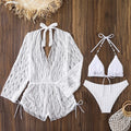 3Pcs/Set Fashion Summer Women Swimsuit Long-sleeve Mesh Cover Up Bikini Set Vacation Casual Beachwear for Beach