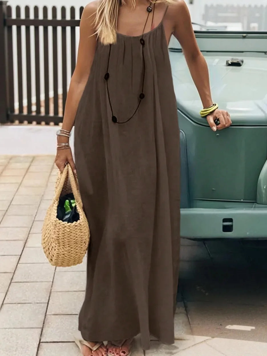 Ladies Sleeveless Strap H-Line Long Gown Loose Comfortable Polyester Casual Nightwear Home Clothing