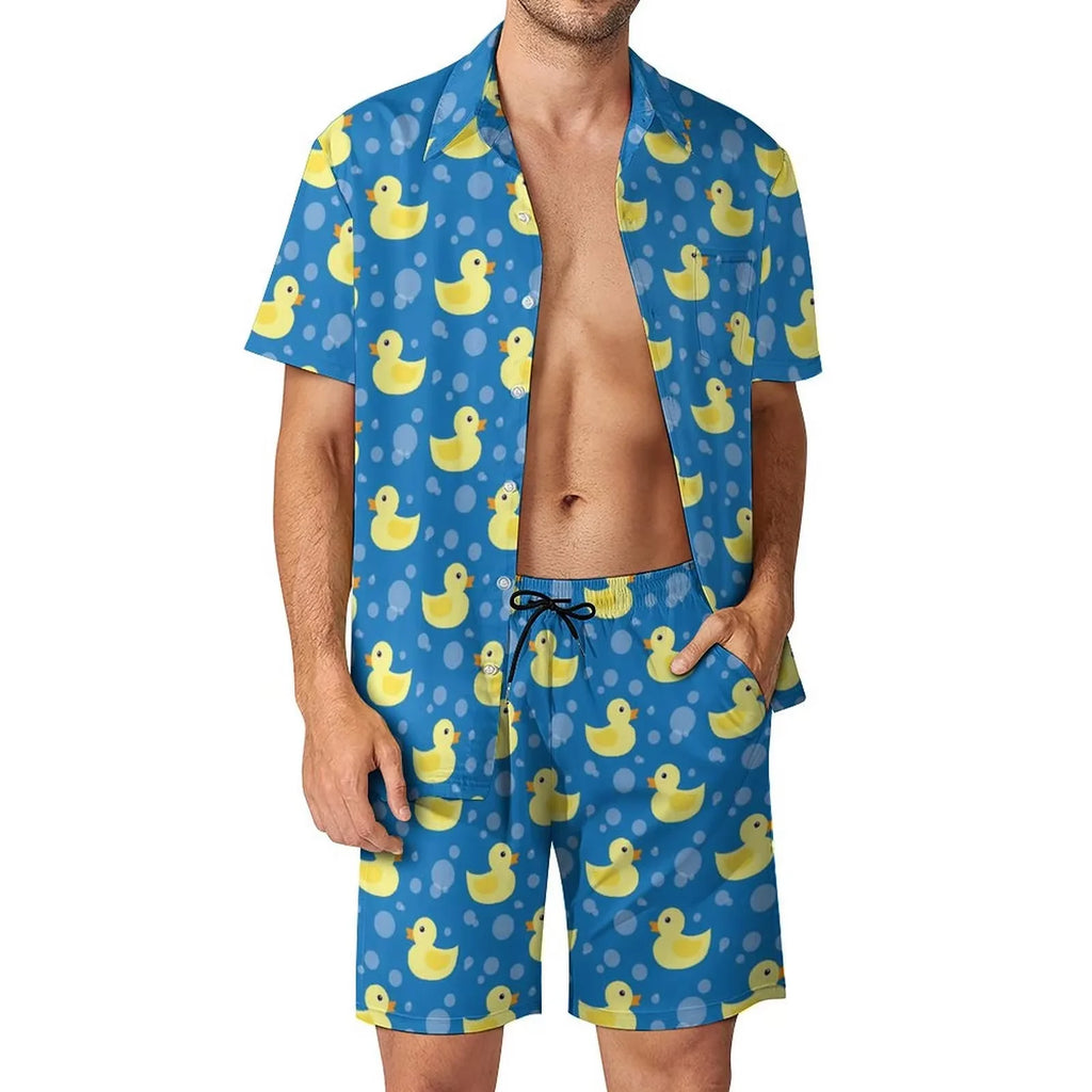 Summer Yellow Rubber Duck 3D Print Men Shirt Sets Short Sleeve Shirt Oversized Beach Shorts Streetwear Hawaiian Suits Clothes