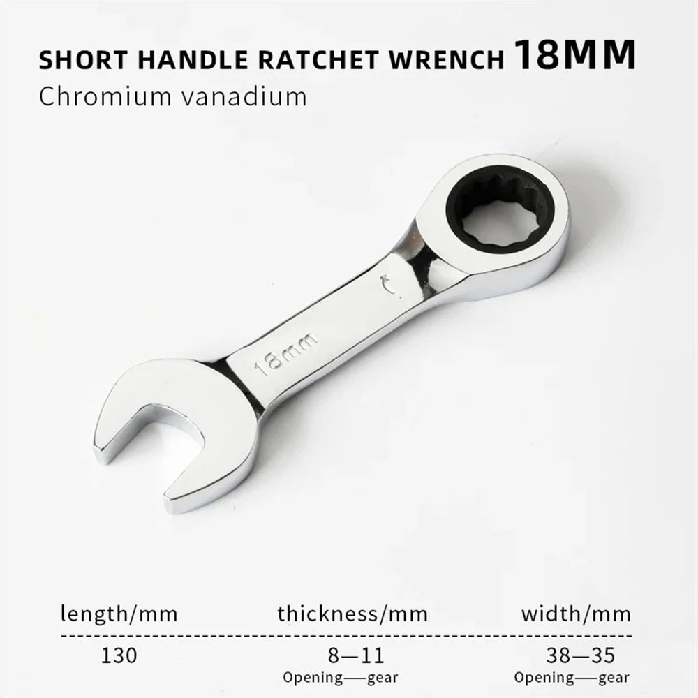 Short Handle Adjustable Head Ratchet Wrench Labor-Saving Dual-Purpose Auto Repair Hardware Tool For Nuts Bolts Fastening Work
