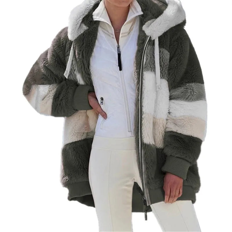 Women Oversized Plush Hoodie Coat Winter Outerwear Jacket With Pockets
