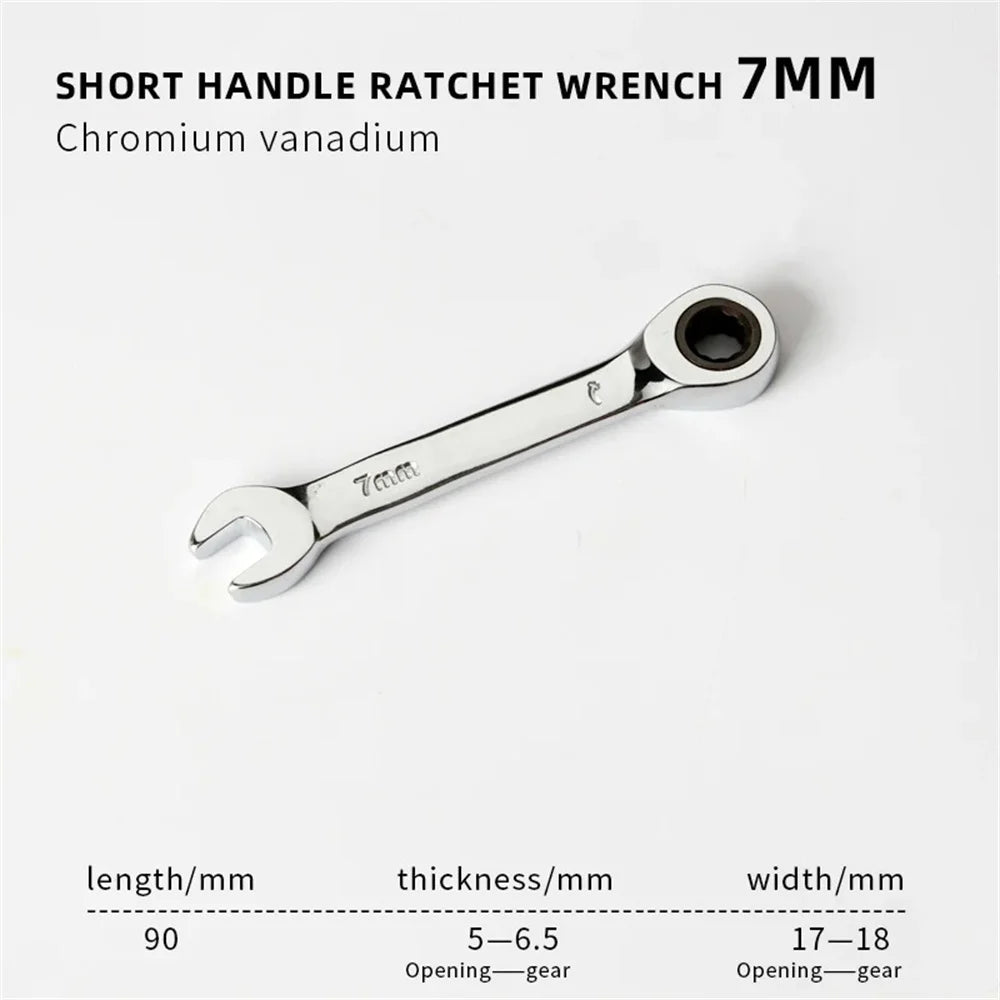 Short Handle Adjustable Head Ratchet Wrench Labor-Saving Dual-Purpose Auto Repair Hardware Tool For Nuts Bolts Fastening Work