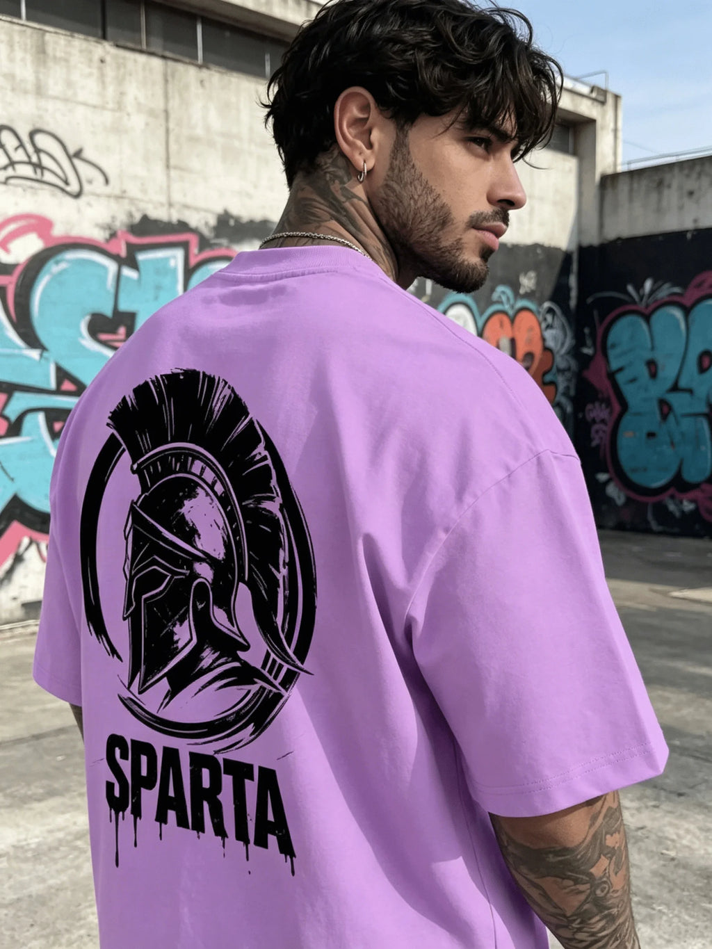 Men's Summer 100% Cotton Fashion Casual Street Spartan Knight Helmet Pattern Printed Loose Round Neck Short Sleeve T-shirt Top