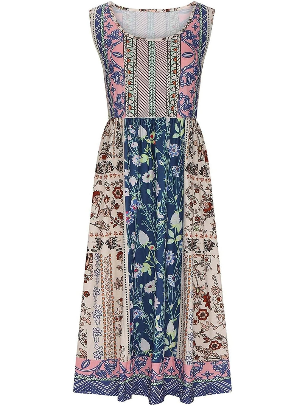 Women's Bohemian Floral Sleeveless Midi Sundress With Pockets Summer Beach