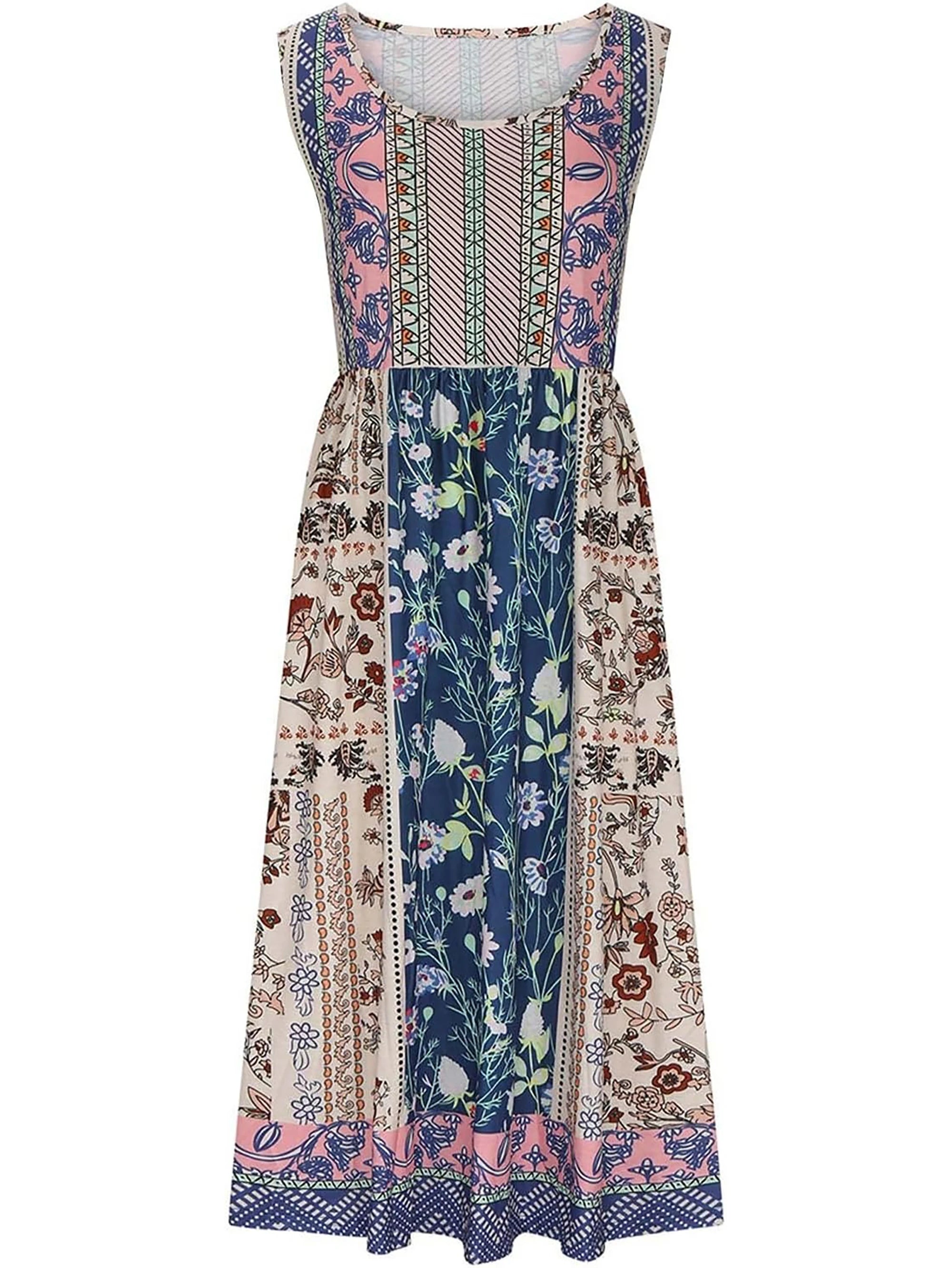 Women's Bohemian Floral Sleeveless Midi Sundress With Pockets Summer Beach