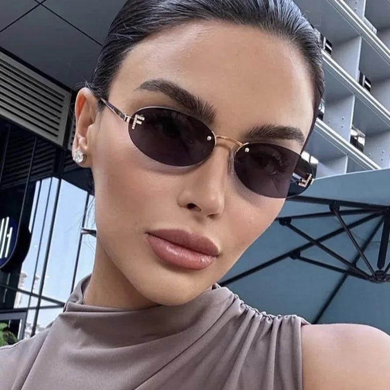 Fashion Oval Frameless Sunglasses Women Sparkling Rhinestone F Design Luxury Sun Glasses Girls shopping travelling eyeglasses