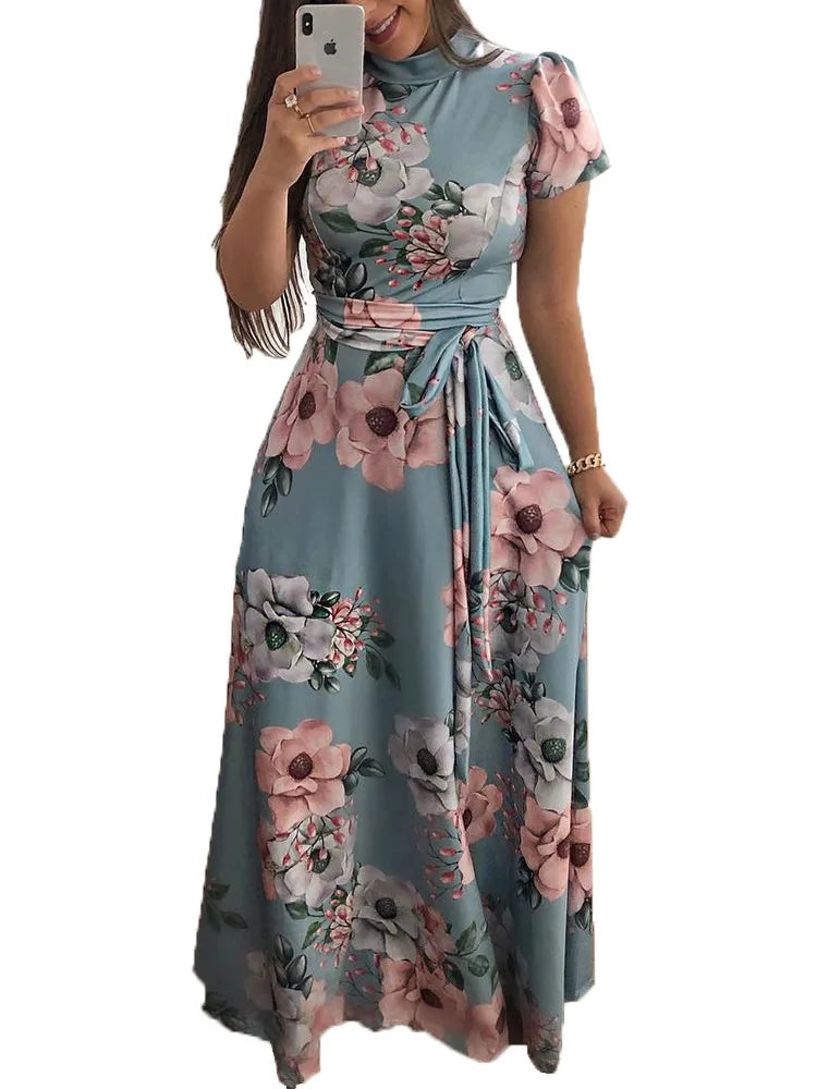 Womens Slim Casual Long Sleeve Round Neck Flower Print Strap Maxi Dress