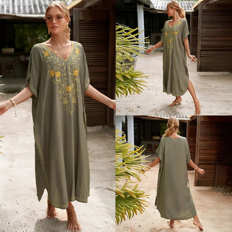 New Fashion European And American Cotton Embroidery Plus Size Long Dress Women's Beach Sun Protection Clothing Bikini Outerwear