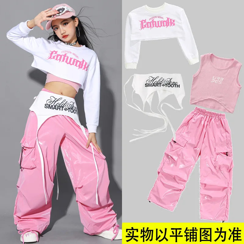 Jazz Dance Clothes For Girls Kpop Outfit Hip Hop Performance Wear Pink Shuffle Pants Kid Street Dance Show Fashion Suit