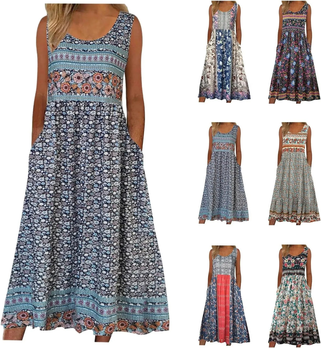 Women's Bohemian Floral Sleeveless Midi Sundress With Pockets Summer Beach