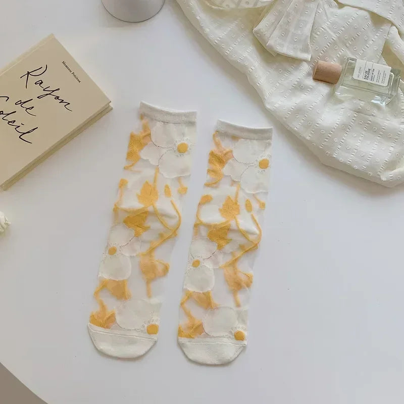 Butterfly Woman Socks Fashion Summer Ultra-thin Transparent Crystal Silk Socks Vintage Harajuku Sexy Lace Mesh Crew Socks