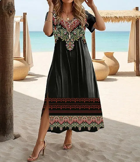 Ethnic Bohemian Floral Print Casual Vacation Short Sleeve Plus Size Summer Dress
