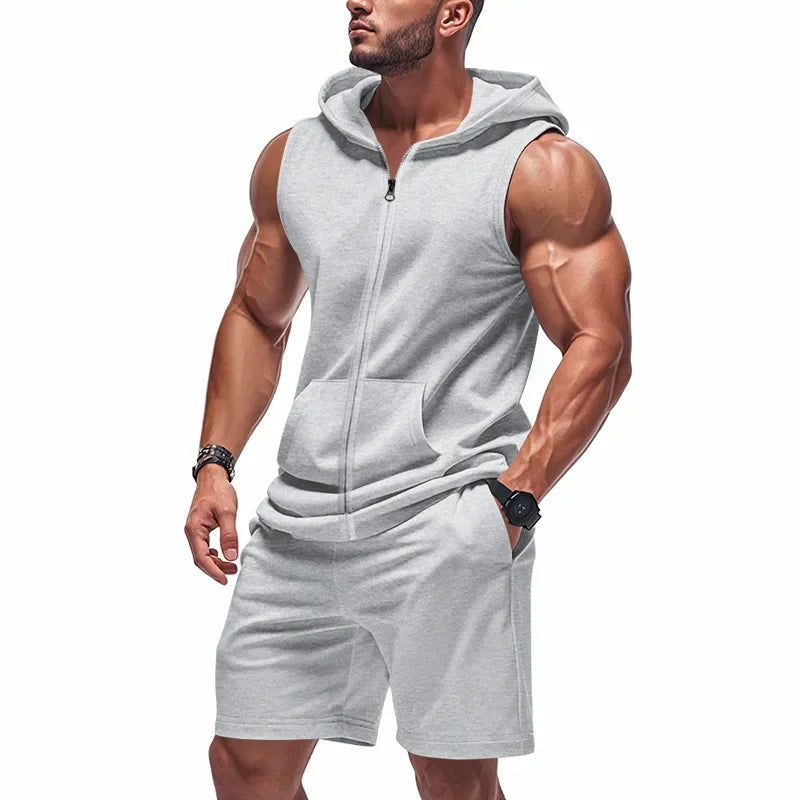 Cross Border  Summer American Men's Fitness Zip-up Hooded Loose Breathable Feature Waistcoat Shorts Tracksuit