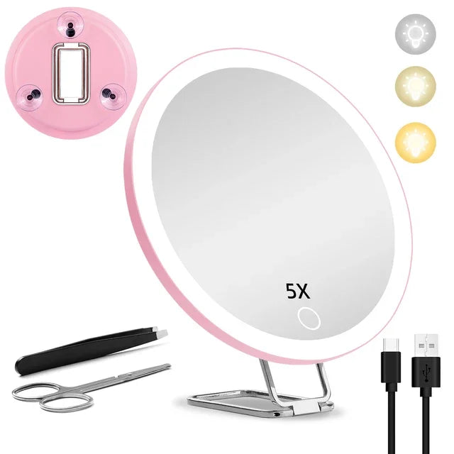 6 Inch Magnifying Mirror with Light 5-30X Portable Travel Magnified Mirror with 360 degrees Adjustable Stand and Suction Cup