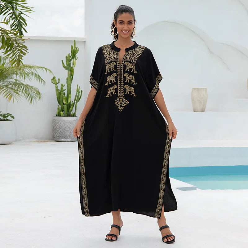 Embroidery Beach Kaftan Cover up Saida de Praia Swimsuit Bikini cover up Tunics for Beach Pareo Sarong Beachwear