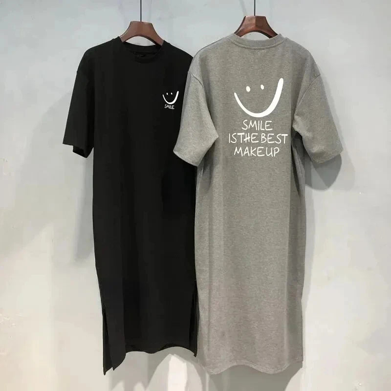 Women's Summer Short Sleeve T Shirt Dress Loose Fit Mid Length Over Knee