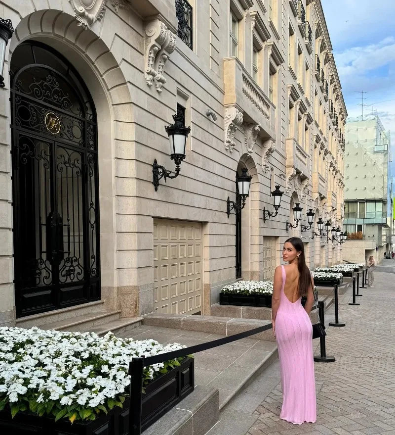 Trendix Knit Backless Maxi Dress For Women V Neck Sleeveless Beach Vacation