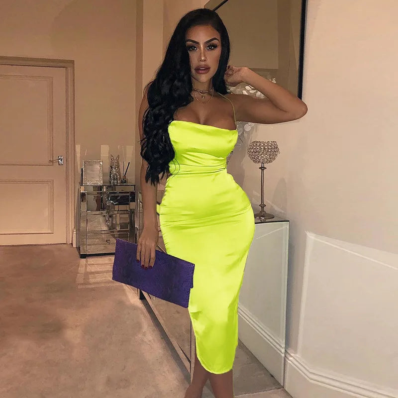 Neon Satin Lace Up Womens Light Pink Midi Dress Backless Bodycon Party Clubwear