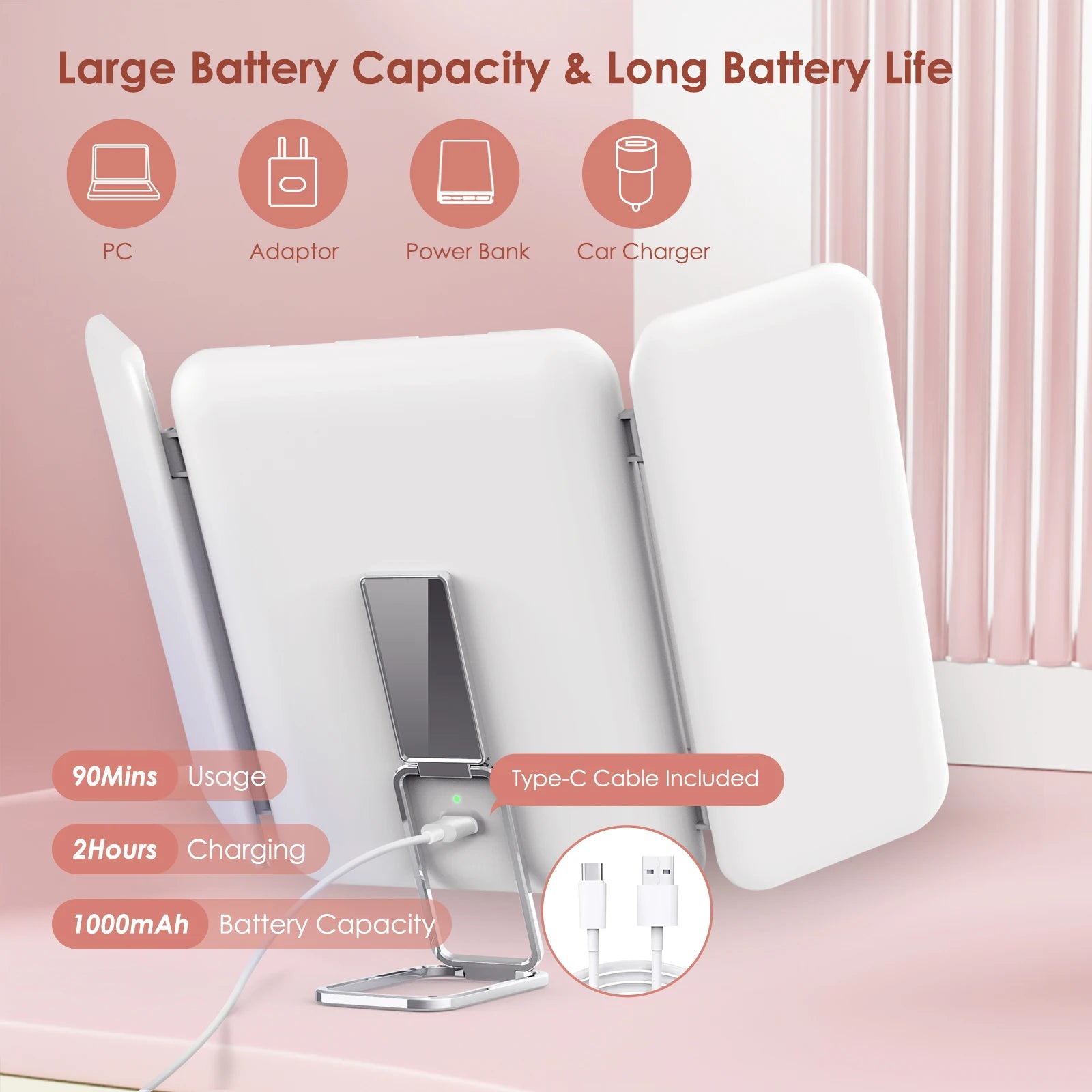 SEJOY Mini Makeup Mirror with Lights, 1X 3X 7X Magnifying Mirror, Touch Control,Trifold Makeup Mirror,Portable LED Makeup Mirror