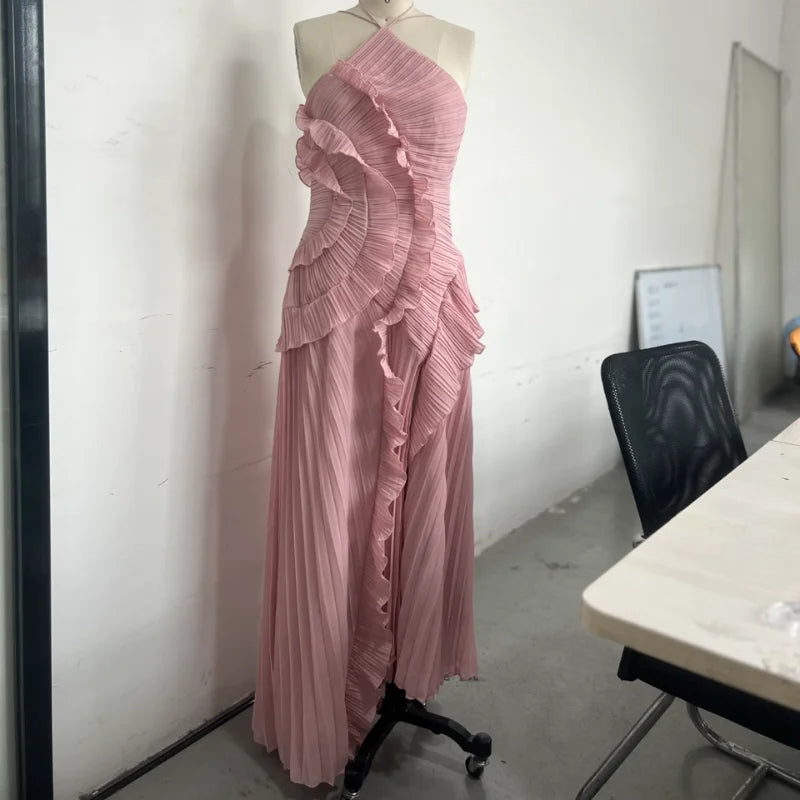 Gown Neck Strap Irregular Long Dress For Women Ruffle High Waist Backless Dress