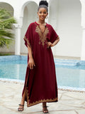 Women Vintage Loose Dress Cotton Beach Cover-up Embroidered Robe Vacation Sun Protection Bikini Cover-up Sexy Dresses For Women
