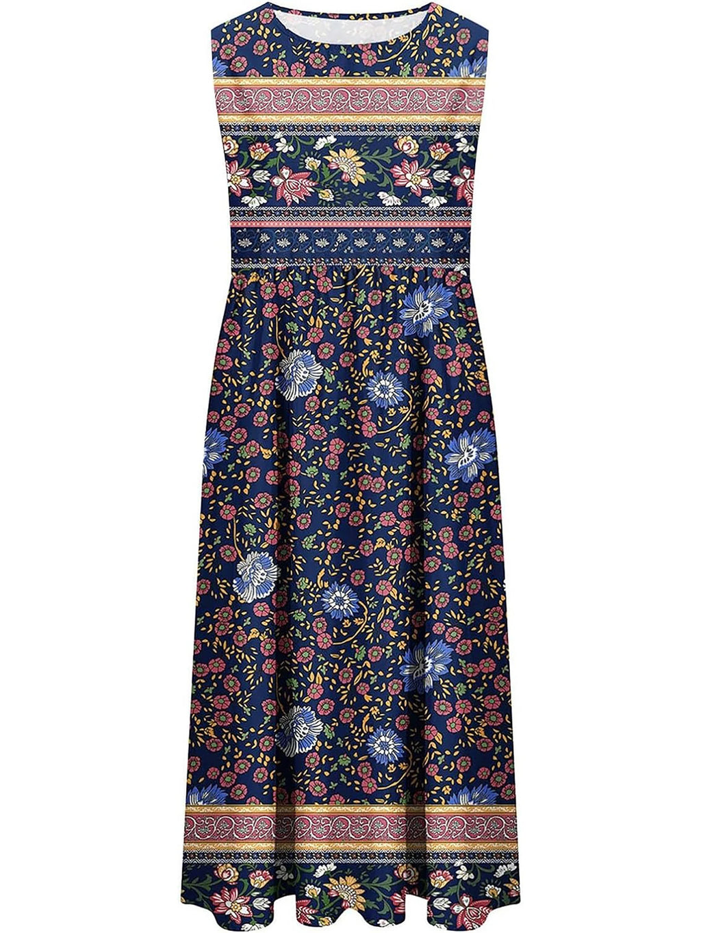 Women's Bohemian Floral Sleeveless Midi Sundress With Pockets Summer Beach