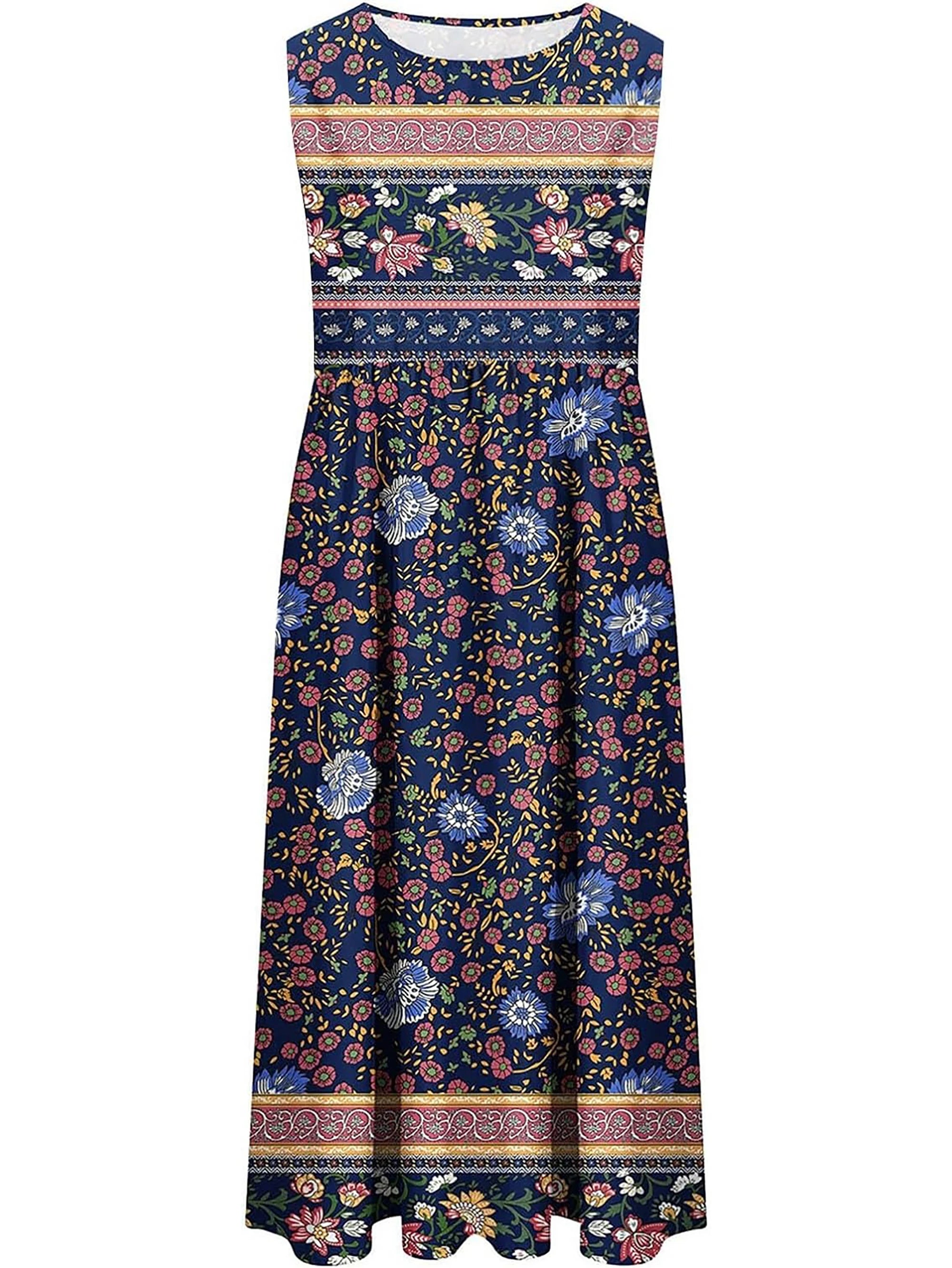Women's Bohemian Floral Sleeveless Midi Sundress With Pockets Summer Beach