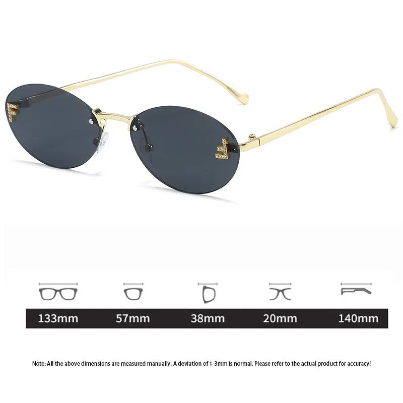 Fashion Oval Frameless Sunglasses Women Sparkling Rhinestone F Design Luxury Sun Glasses Girls shopping travelling eyeglasses
