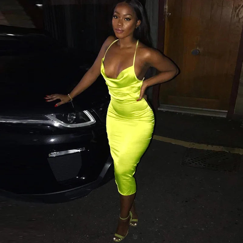 Neon Satin Lace Up Womens Light Pink Midi Dress Backless Bodycon Party Clubwear