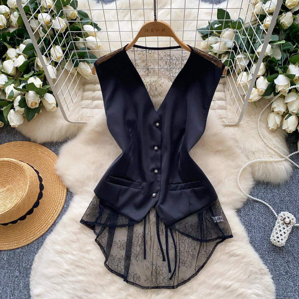 SINGREINY Backless Sexy Tank Vest Sleeveless Single Breasted V Neck Spliced Lace Skinny Sheer Irregular Summer Women Design Tops