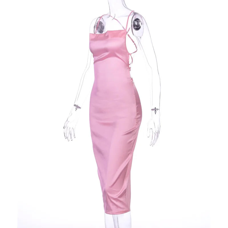 Neon Satin Lace Up Womens Light Pink Midi Dress Backless Bodycon Party Clubwear