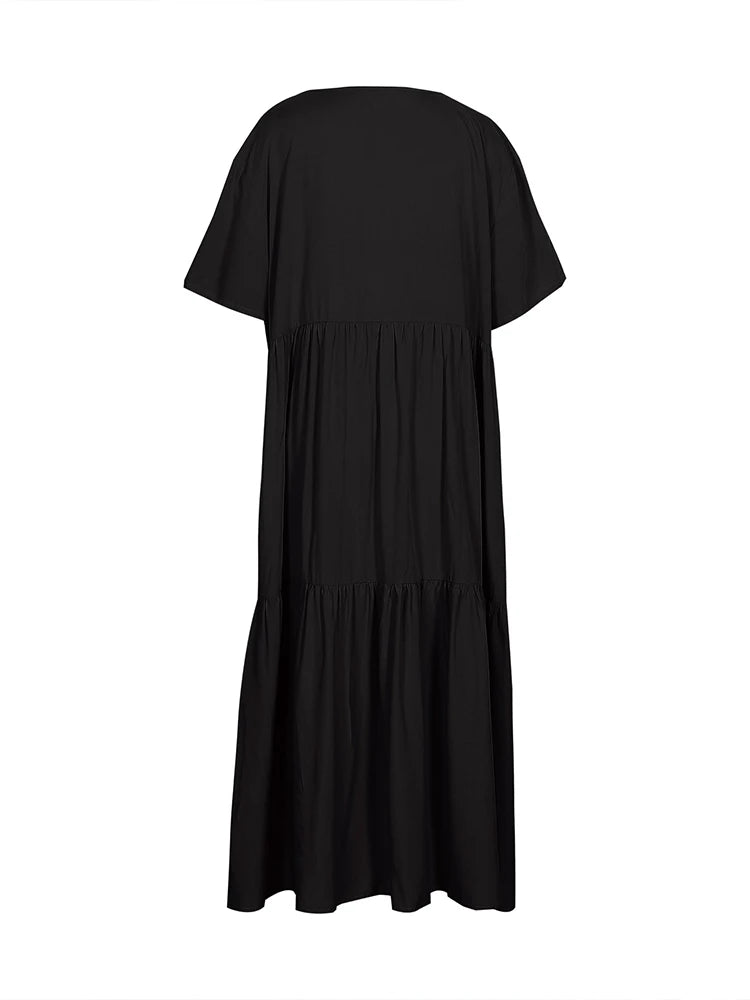 Plus Size Women's V Neck Pleated Solid Ankle Length Dress For Spring Summer