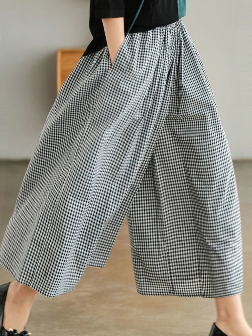 2024 Spring Elegant Woman Dress Plaid Pants Thin Cotton Linen Wide Leg Trousers Women High Waist Baggy Jogger Pants Sweatpants