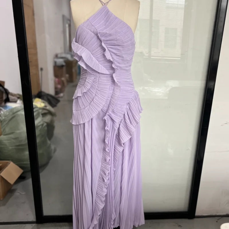 Gown Neck Strap Irregular Long Dress For Women Ruffle High Waist Backless Dress