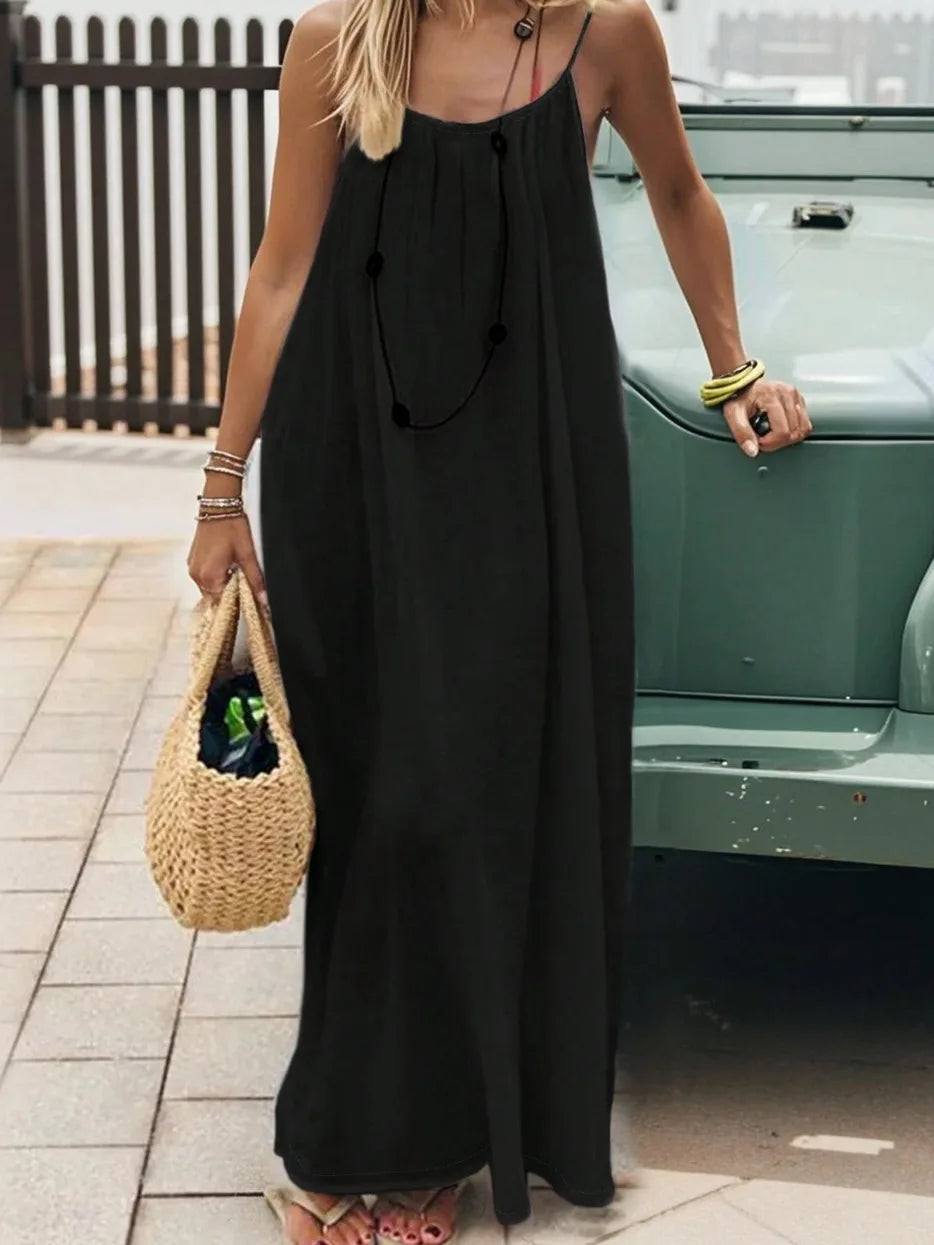 Ladies Sleeveless Strap H-Line Long Gown Loose Comfortable Polyester Casual Nightwear Home Clothing