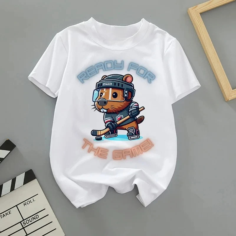 Summer Cartoon Cute Capybara Print Children T-shirt Short-sleeved Fashion Boys and Girls Round-neck Baby Kid Tshirt Trend