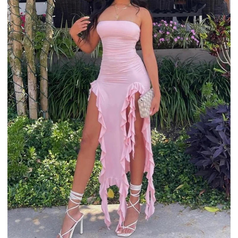 Women Strapless Floral Mini Dress With High Slit Backless Sleeveless Black Pink