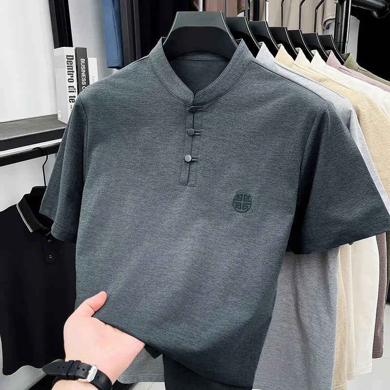 Men's Mandarin Collar Short Sleeve T-Shirt Casual Chinese Style Button Henley Shirt