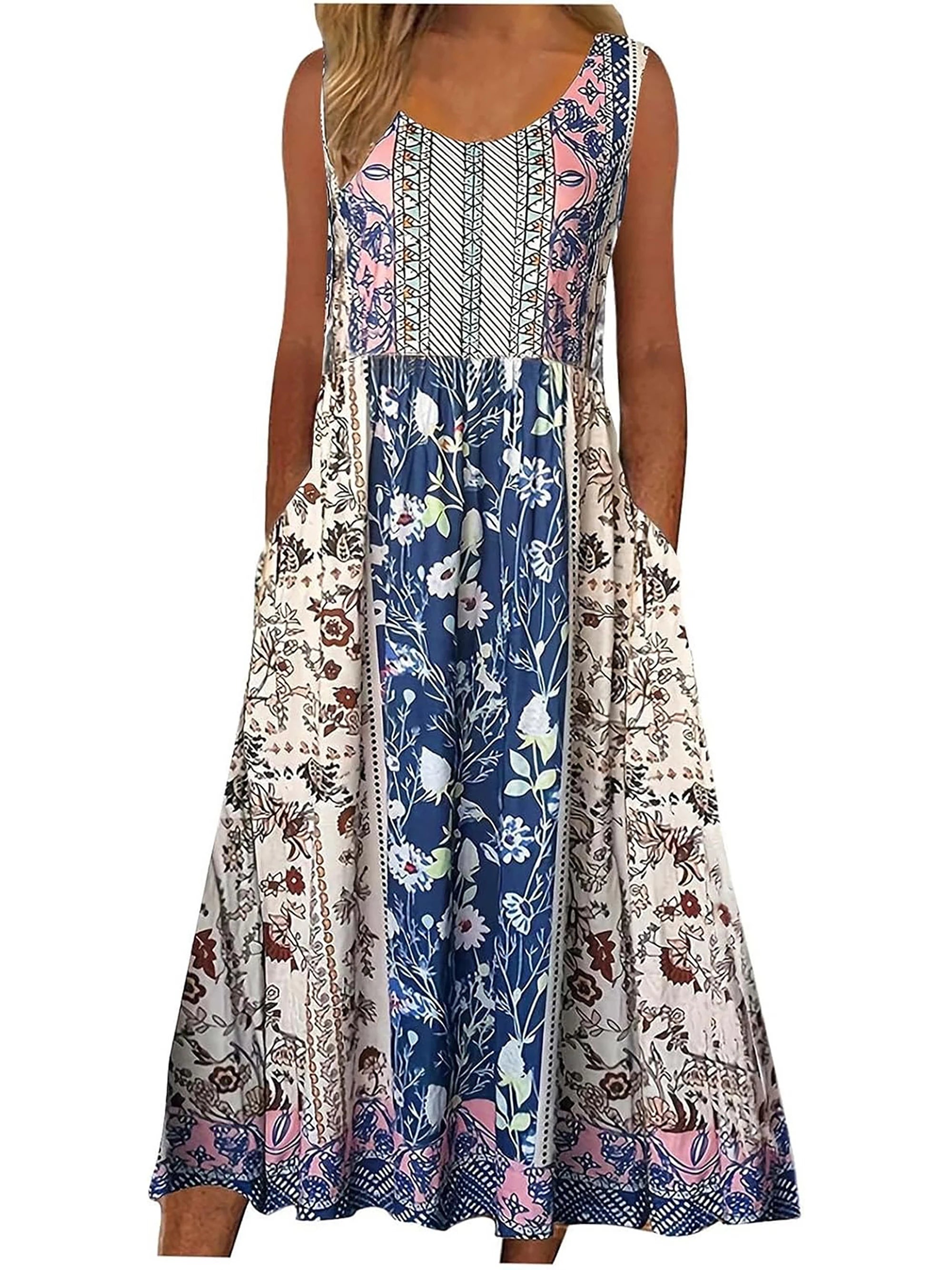 Women's Bohemian Floral Sleeveless Midi Sundress With Pockets Summer Beach