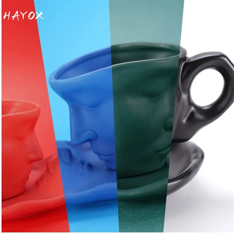 NEW Thingking Cup Mug Creative Coffee Cup and Saucer Set Ceramic Face Model Coffee Mug Kitchen Bar Supplies Coffeeware Set 2023