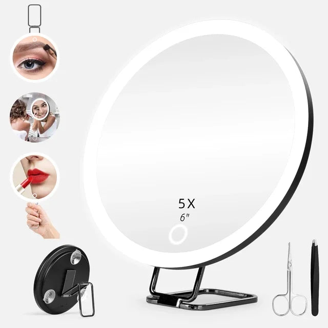6 Inch Magnifying Mirror with Light 5-30X Portable Travel Magnified Mirror with 360 degrees Adjustable Stand and Suction Cup